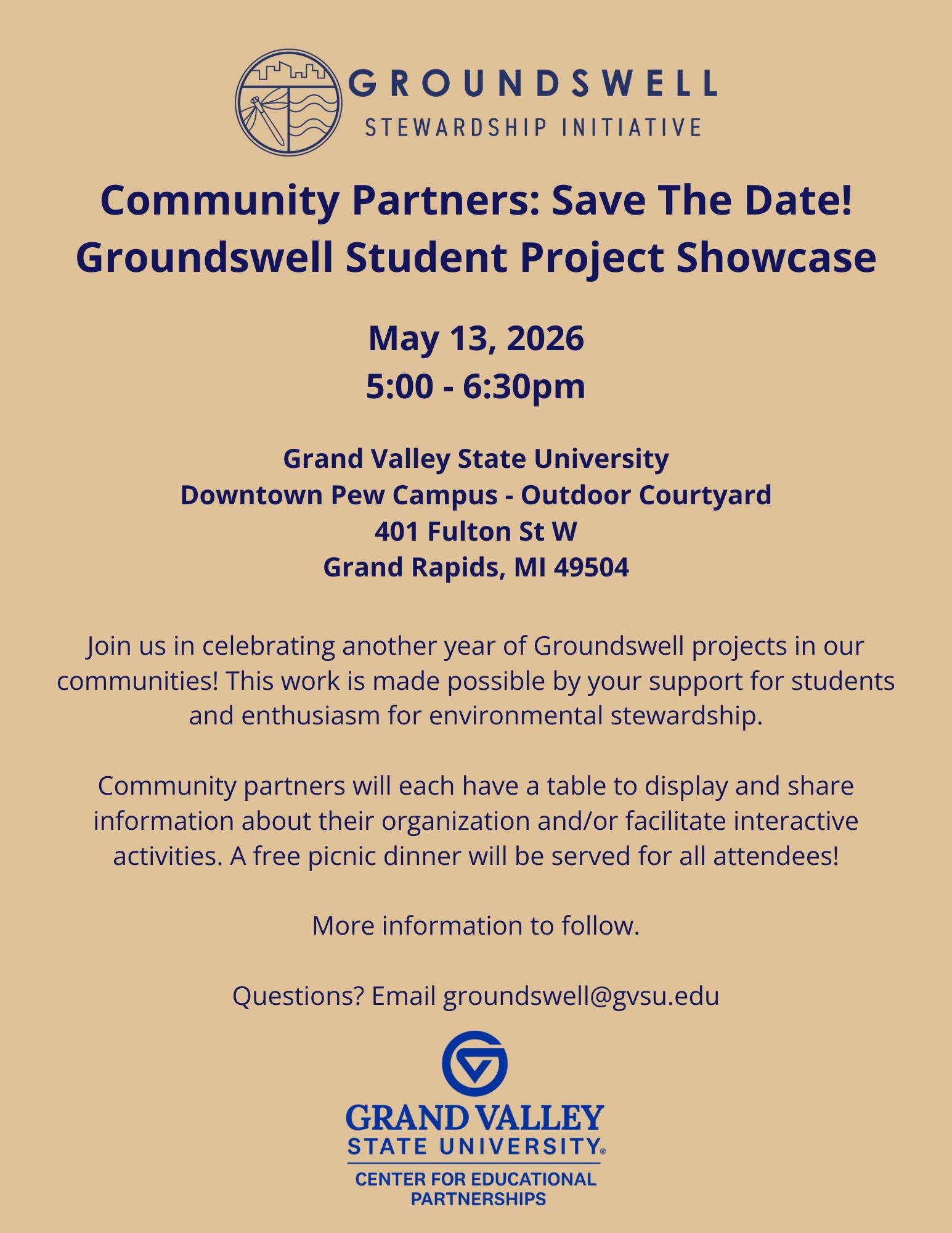 Flyer with general information on for showcase event; May 13th, 2026 at 5pm, location 401 Fulton St. W Grand Rapids MI